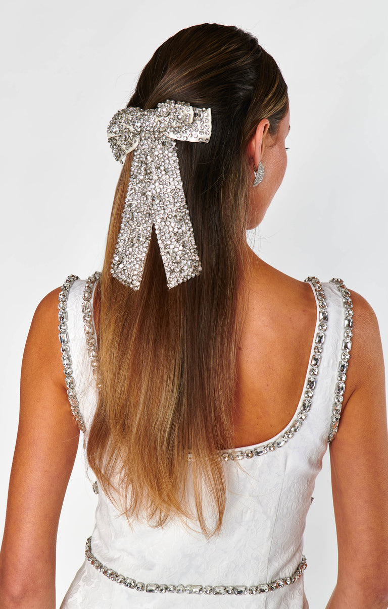 silver bow for dress Detachable bow White silver satin ribbon dress bow 23 x 15 cm bow brooch pin