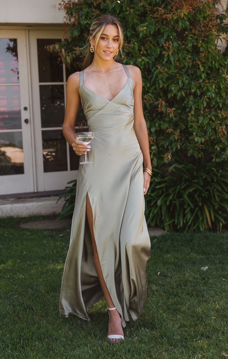 Anderson Maxi Dress, in Moss Green Luxe Satin, Size: Small | Show Me Your Mumu