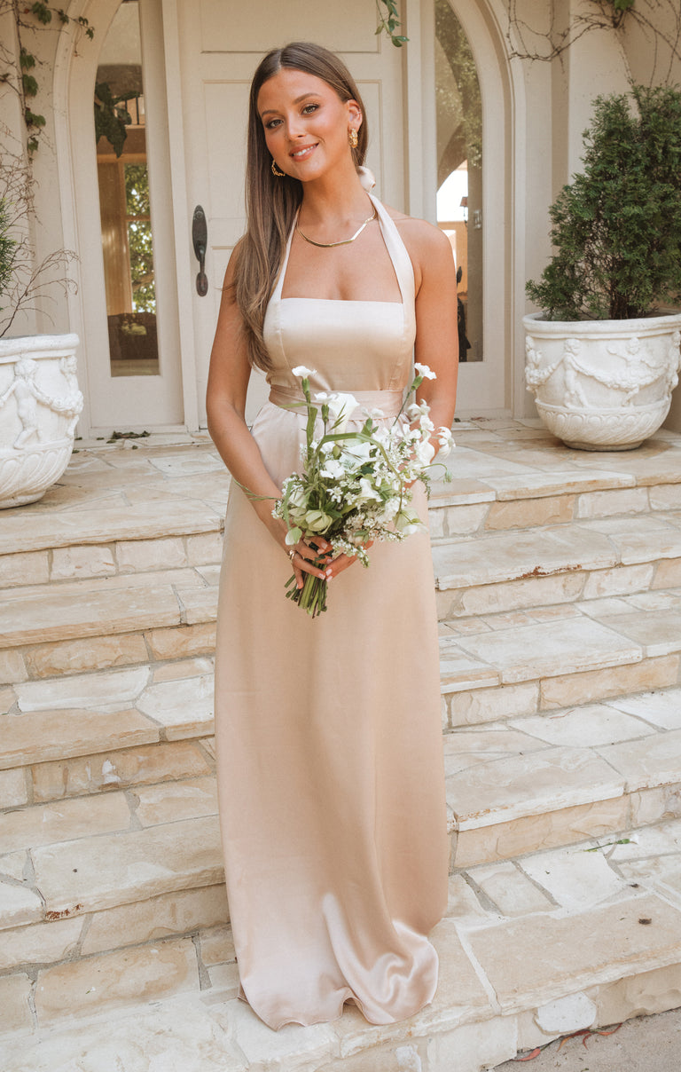 Hazel Halter Maxi Dress ~ Champagne Luxe Satin Show Me Your Mumu Hazel Halter Maxi Dress ~ Champagne Luxe Satin Show Me Your Mumu