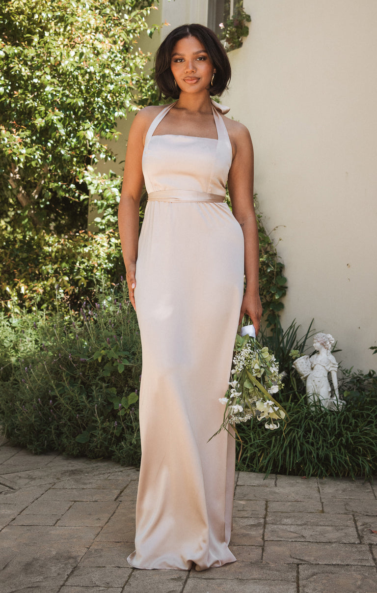Hazel Halter Maxi Dress ~ Champagne Luxe Satin – Show Me Your Mumu