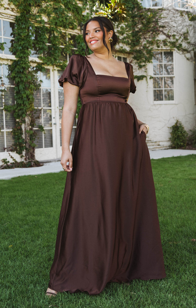 brown lawn dress Nora Maxi Dress, in Chocolate Luxe Satin, Size: Small | Show Me Your Mumu