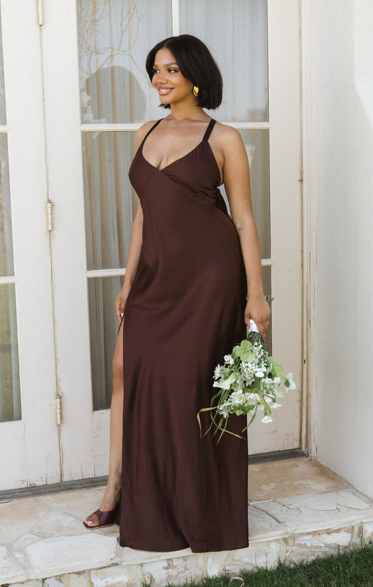 Anderson Maxi Dress, in Chocolate Luxe Satin, Size: Small | Show Me Your Mumu | Bridesmaid Dresses & Wedding Attendee Dress Anderson Maxi Dress, in Chocolate Luxe Satin, Size: Small | Show Me Your Mumu | Bridesmaid Dresses & Wedding Attendee Dress