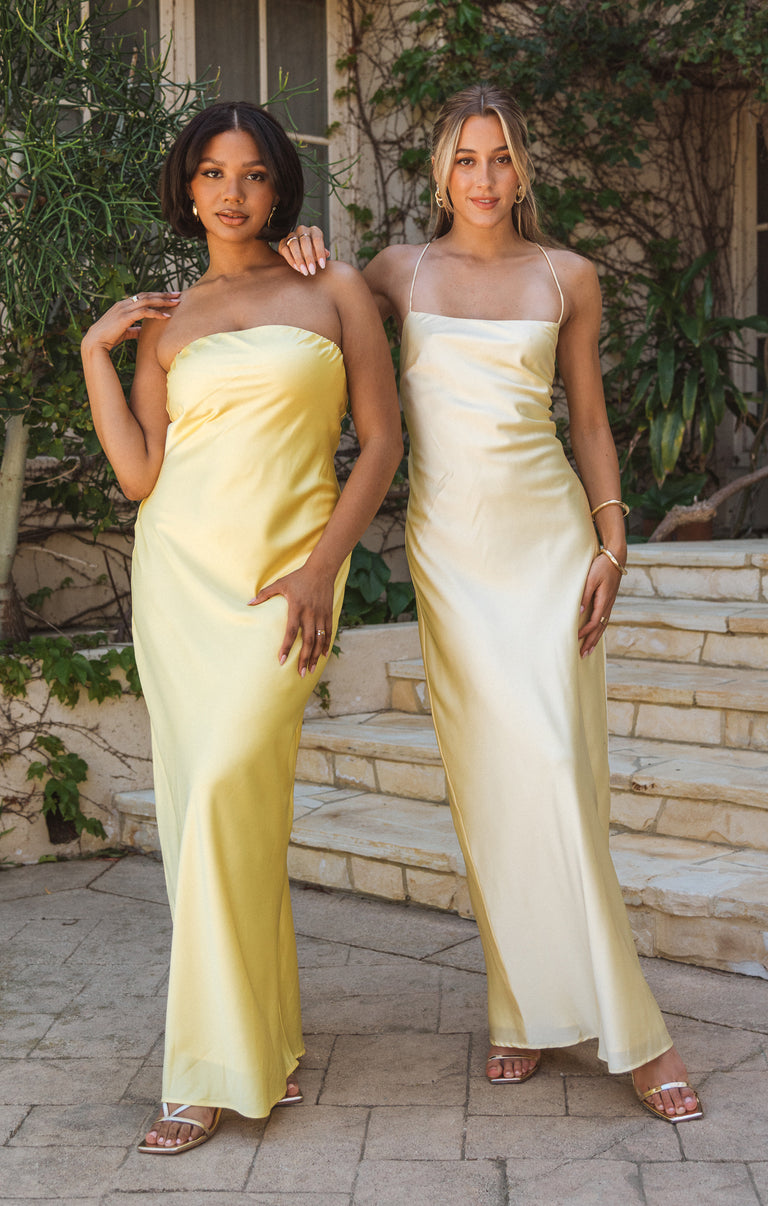 Taylor Tube Dress, in Yellow Luxe Satin, Size: Large | Show Me Your Mumu
