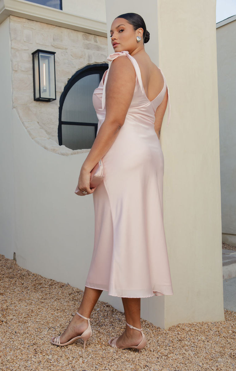 plus size pink satin dress Emma Midi Dress, in Powder Luxe Satin, Size: Small | Show Me Your Mumu like shades or gentle Color:Black Stripe FLORAL GREEN Hawaii VINTAGE 1XL