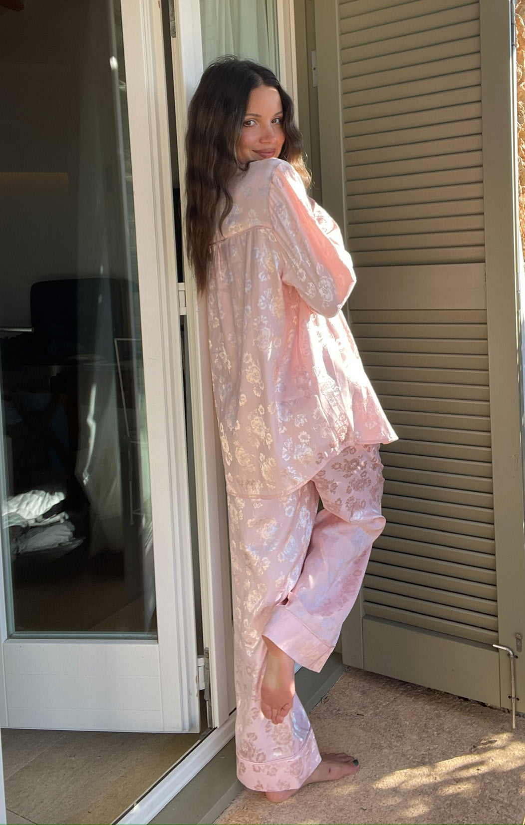 Classic Crop Topped PJ Set, in Pink Floral Silky, Size: Medium