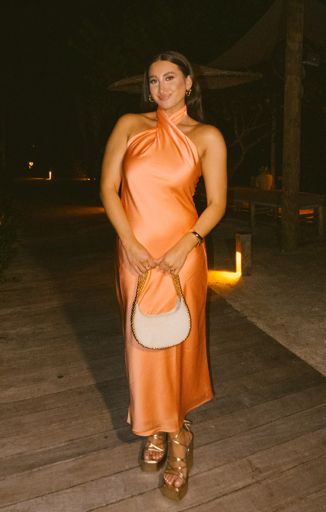 Jasmine Halter Midi Dress ~ Cantaloupe Luxe Satin – Show Me Your Mumu