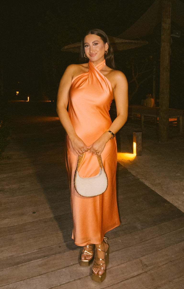 Jasmine Halter Midi Dress ~ Cantaloupe Luxe Satin  Show Me Your Mumu
