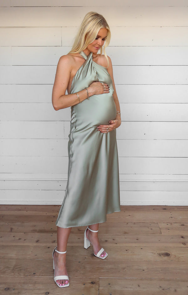 Jasmine Halter Midi Dress ~ Moss Green Luxe Satin – Show Me Your Mumu