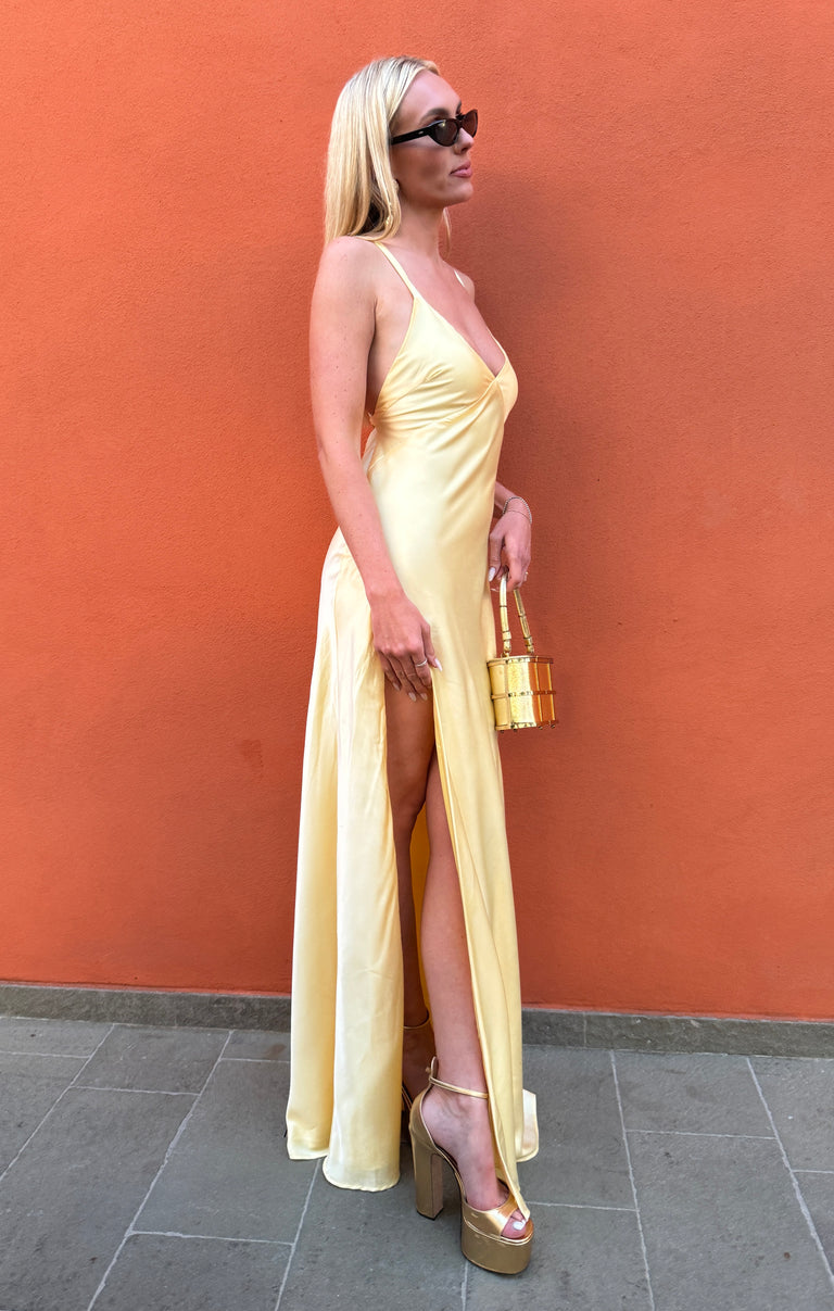Anderson Maxi Dress, in Pale Yellow Luxe Satin, Size: XL | Show Me Your Mumu