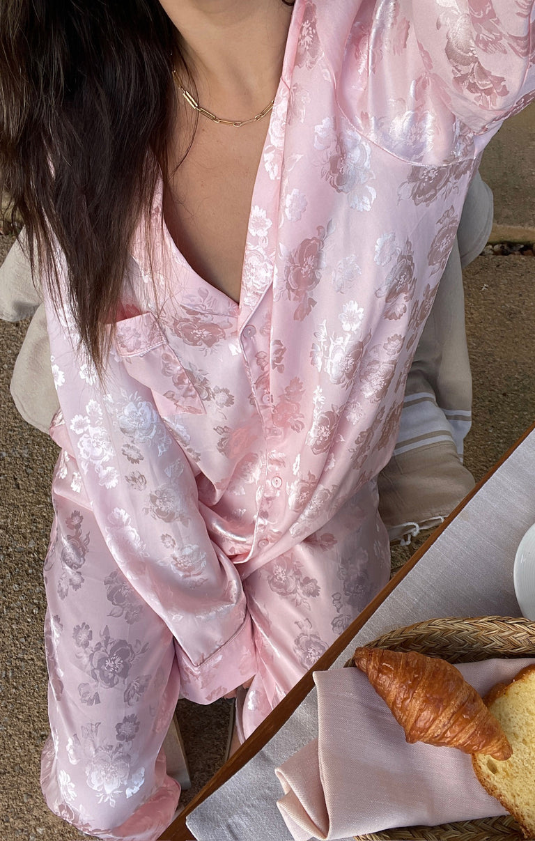 Classic Crop Topped Pj Set, in Pink Floral Silky, Size: Medium