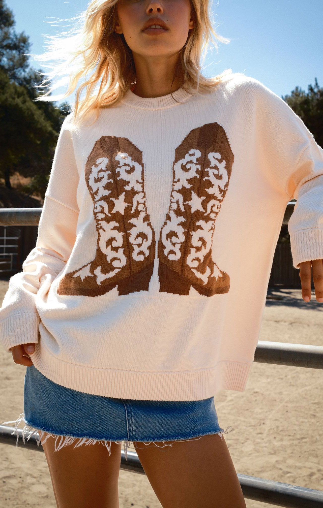 Stay Awhile Sweater Cowboy Boot Knit XS