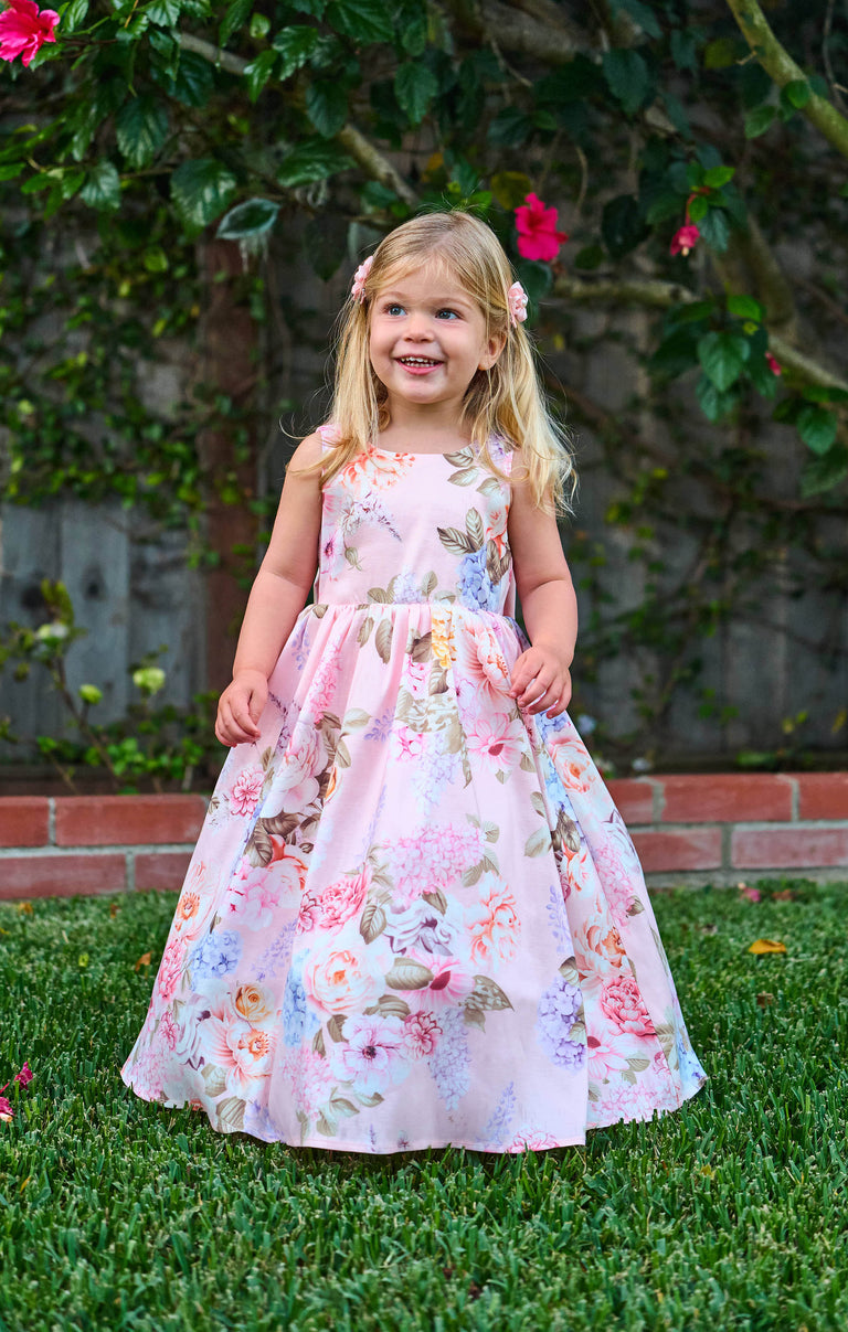 Flower Girl Dress, in Powder Pink Blooms Taffeta, Size: 6Y