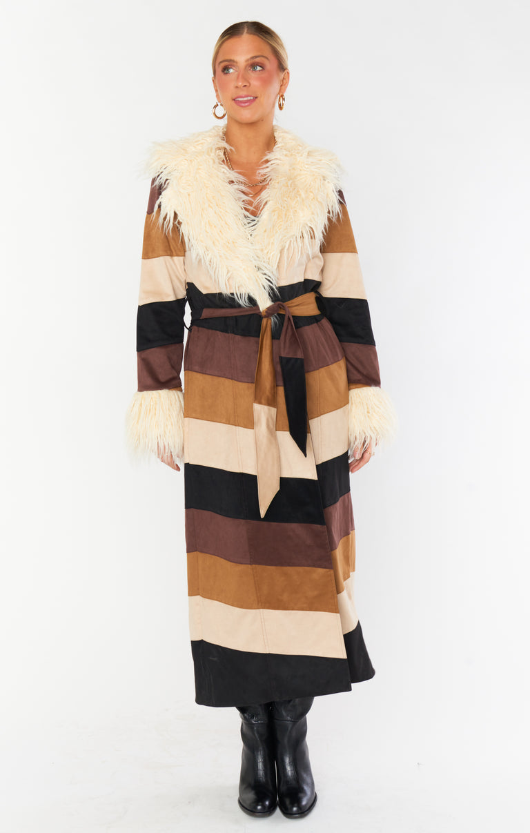 Penny Lane Long Coat ~ Faux Suede Chevron with Faux Fur – Show Me Your Mumu