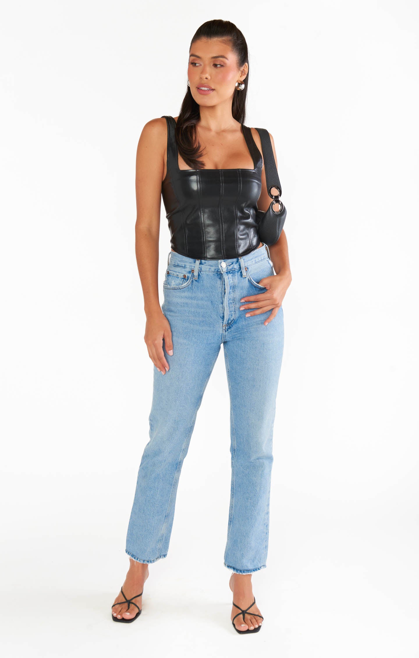 LADY LUXE FAUX LEATHER PIN DETAIL CORSET TOP in black
