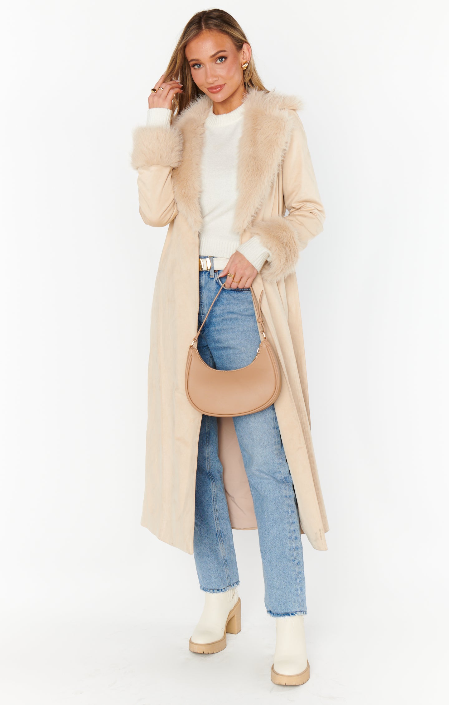 Penny Lane Long Coat Beige Faux Suede with Faux Fur – Show Me