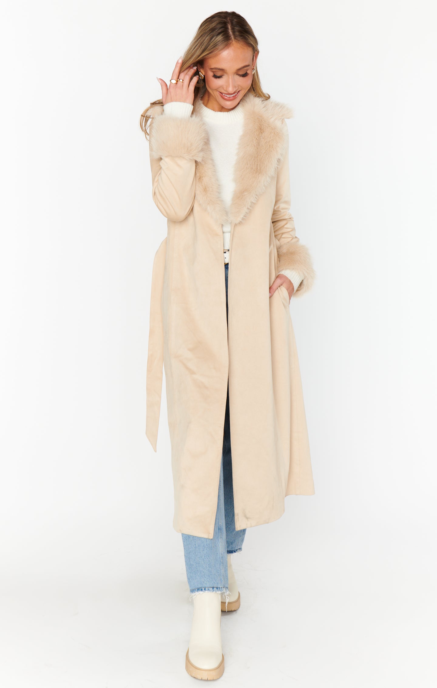 Penny Lane Long Coat ~ Beige Faux Suede with Faux Fur – Show