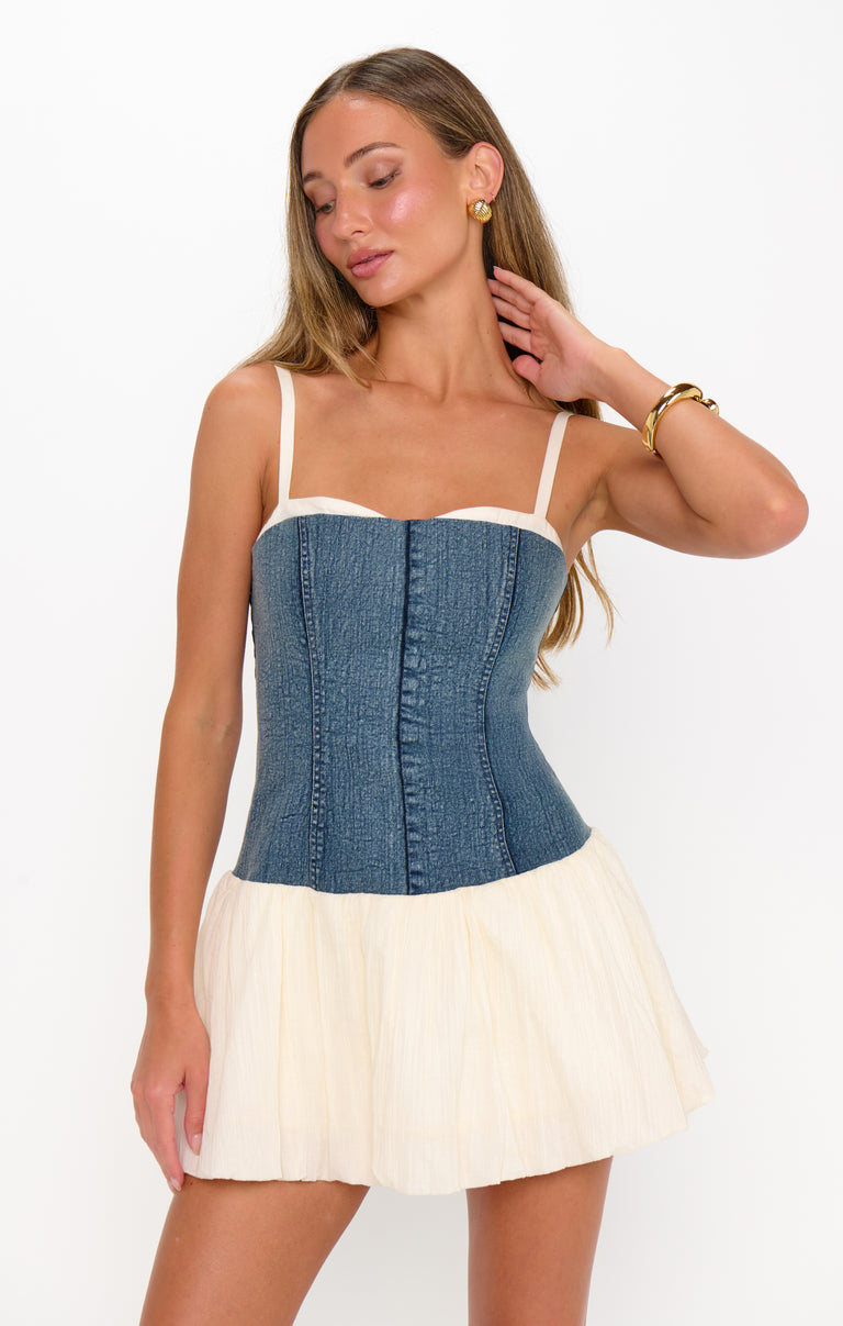 white christmas dresses Tiffany Skort Dress, in Denim with Cream Voile, Size: 2XL