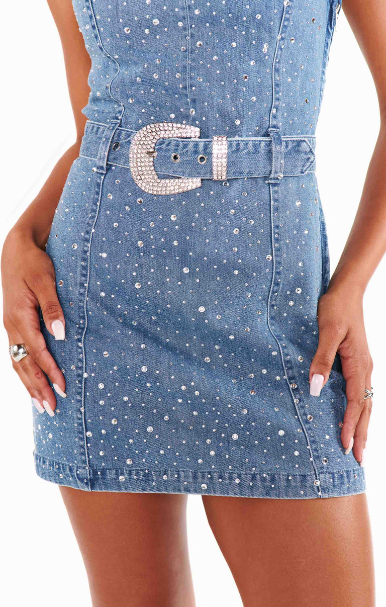 white denim dress with rhinestones Medium Wash Dress - Strapless Rhinestone Dress - Denim Mini Dress
