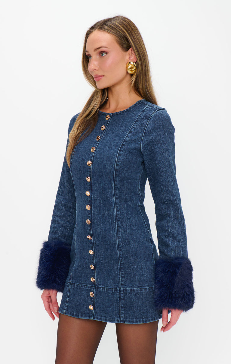 Rockefeller Mini Dress, in Subzero Indigo with Faux Fur