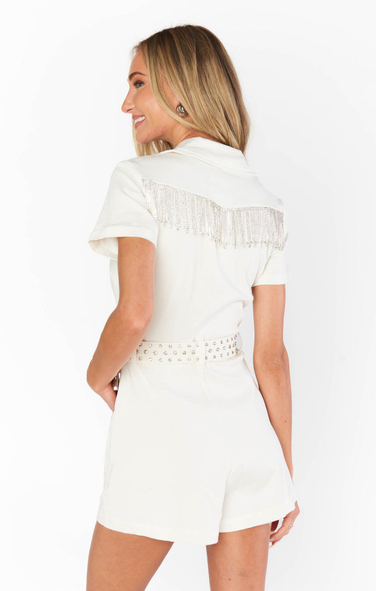 Outlaw Romper ~ White Rhinestone Fringe Denim  Show Me Your Mumu