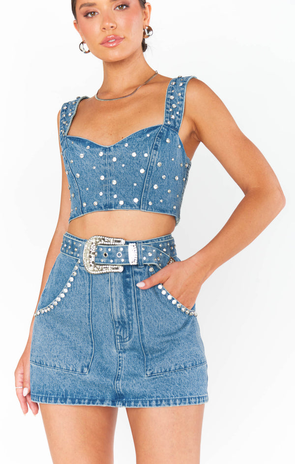Shania Skirt ~ Indigo Rhinestone Denim – Show Me Your Mumu