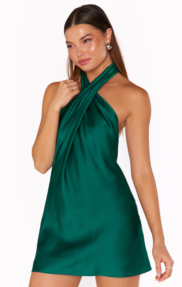 Jasmine Halter Mini Dress ~ Emerald Luxe Satin – Show Me Your Mumu