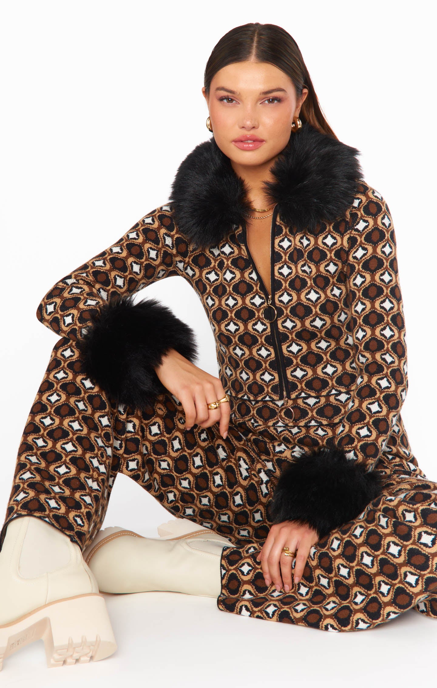 Zermatt Zip Up ~ Neutral Geo Jacquard Faux Fur XS