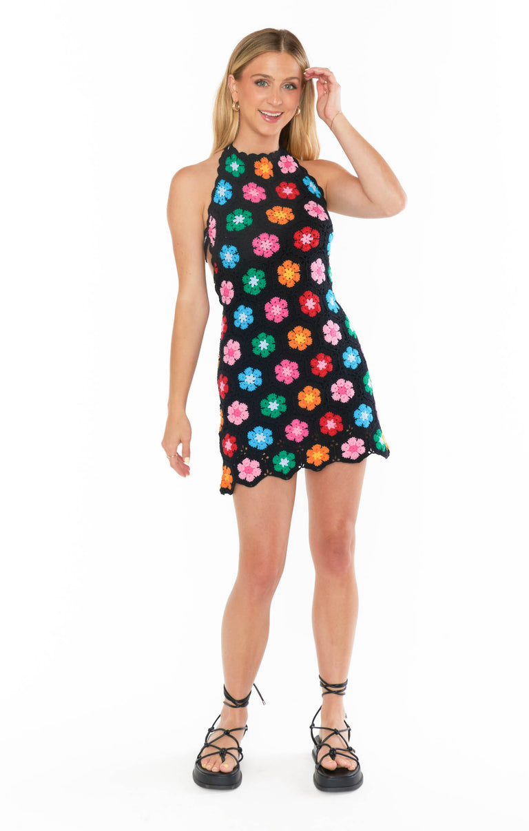 Happy Halter Mini Dress ~ Multi Black Flower Crochet – Show Me