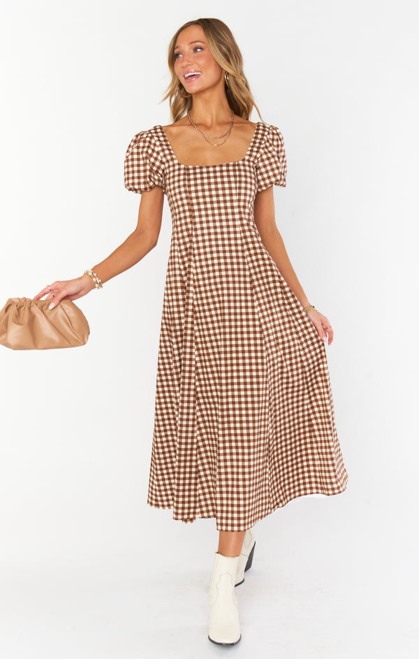 Mia Midi Dress ~ Brown Gingham – Show Me Your Mumu