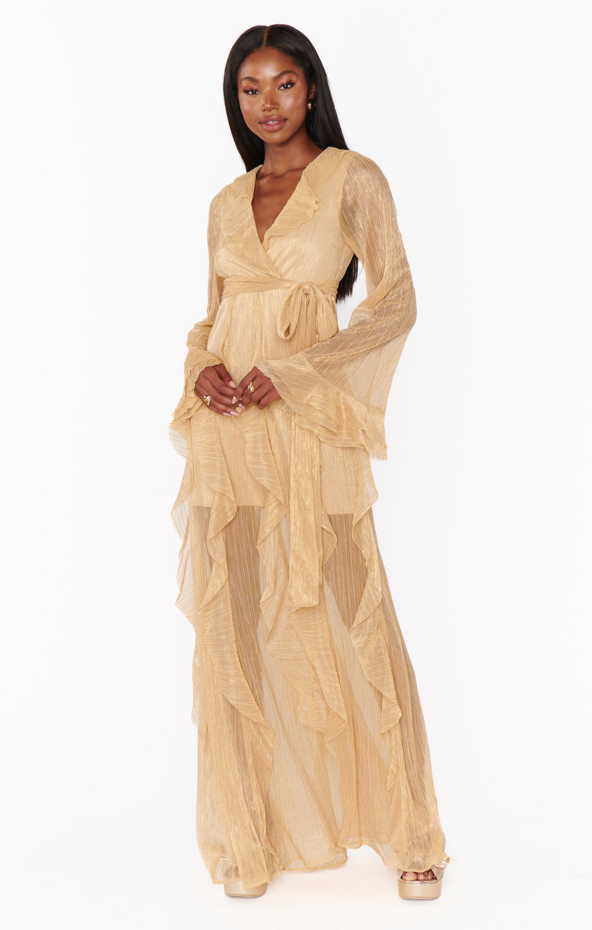 Jenny Ruffle Maxi Dress ~ Gold Glimmer – Show Me Your Mumu