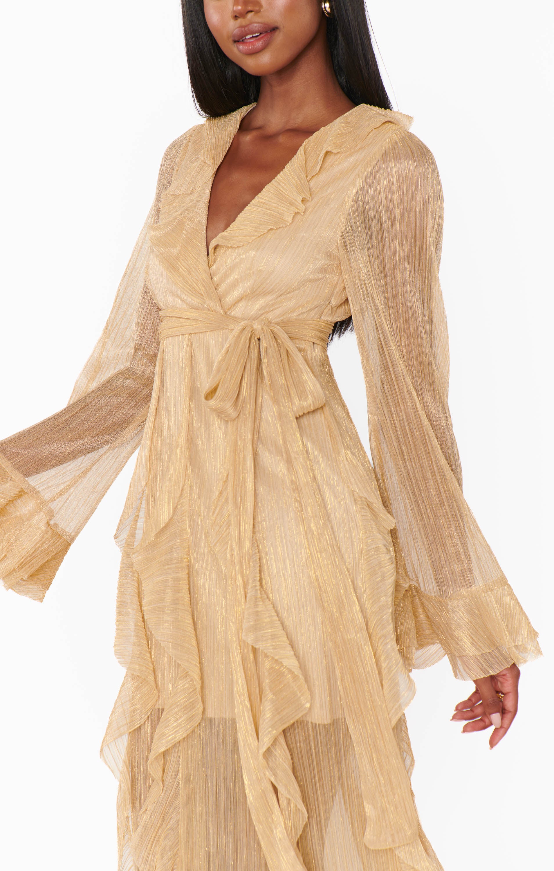 Jenny Ruffle Maxi Dress, in Gold Glimmer, Size: XS | Show Me Your Mumu