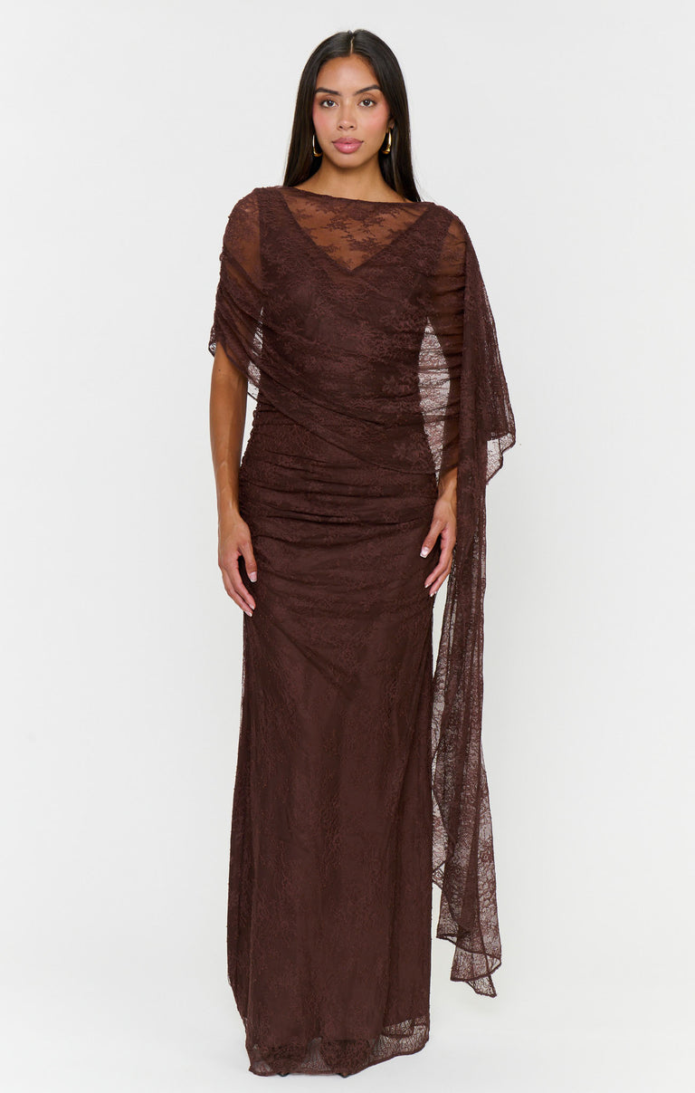 Angelina Maxi Dress ~ Chocolate Luxe Satin With Lace – Show Me Your Mumu