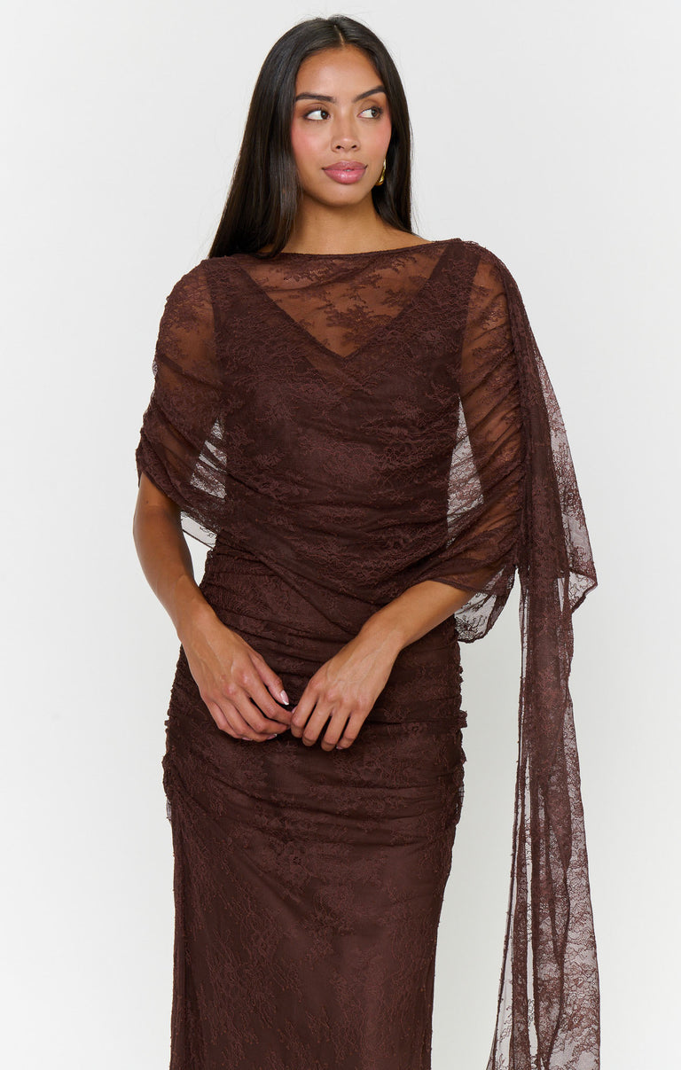 Angelina Maxi Dress ~ Chocolate Luxe Satin With Lace – Show Me Your Mumu