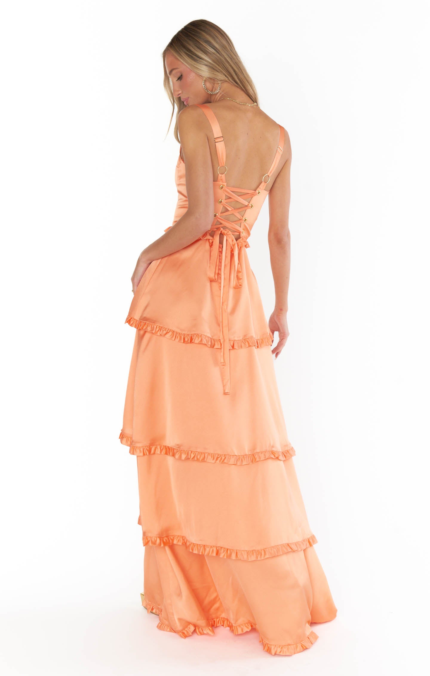 Lady Corset Dress ~ Cantaloupe Luxe Satin  Orange prom dresses, Orange  bridesmaid dresses, Prom outfits