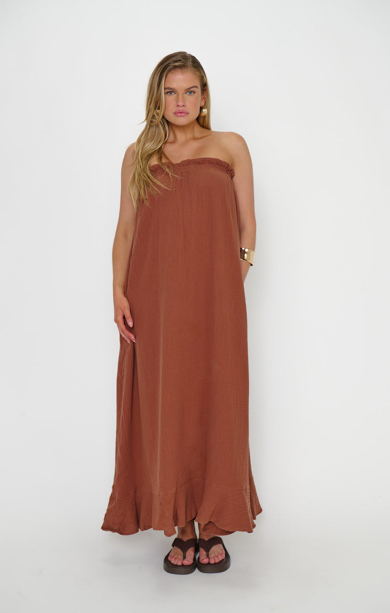Around The World Maxi Dress, in Brown Crinkle Gauze Around The World Maxi Dress, in Brown Crinkle Gauze
