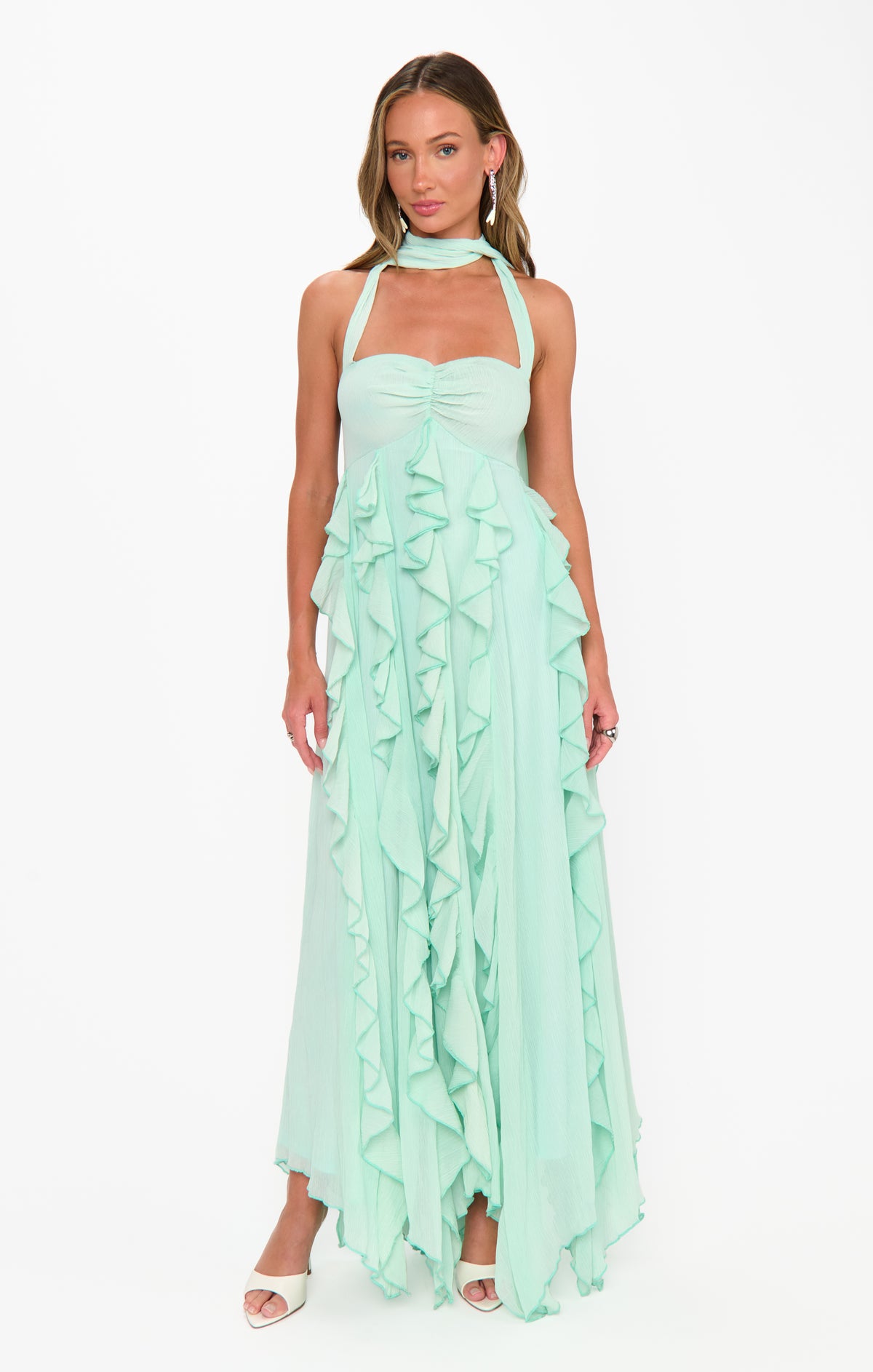 mint green ruffle dress Show Me Your Mumu Gemma Maxi in Mix Media T-Shirt Lace Women > Clothing > Dresses Ruffles and Slit color:Teal