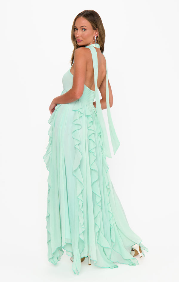 mint green ruffle dress Show Me Your Mumu Gemma Maxi in Black Gilt