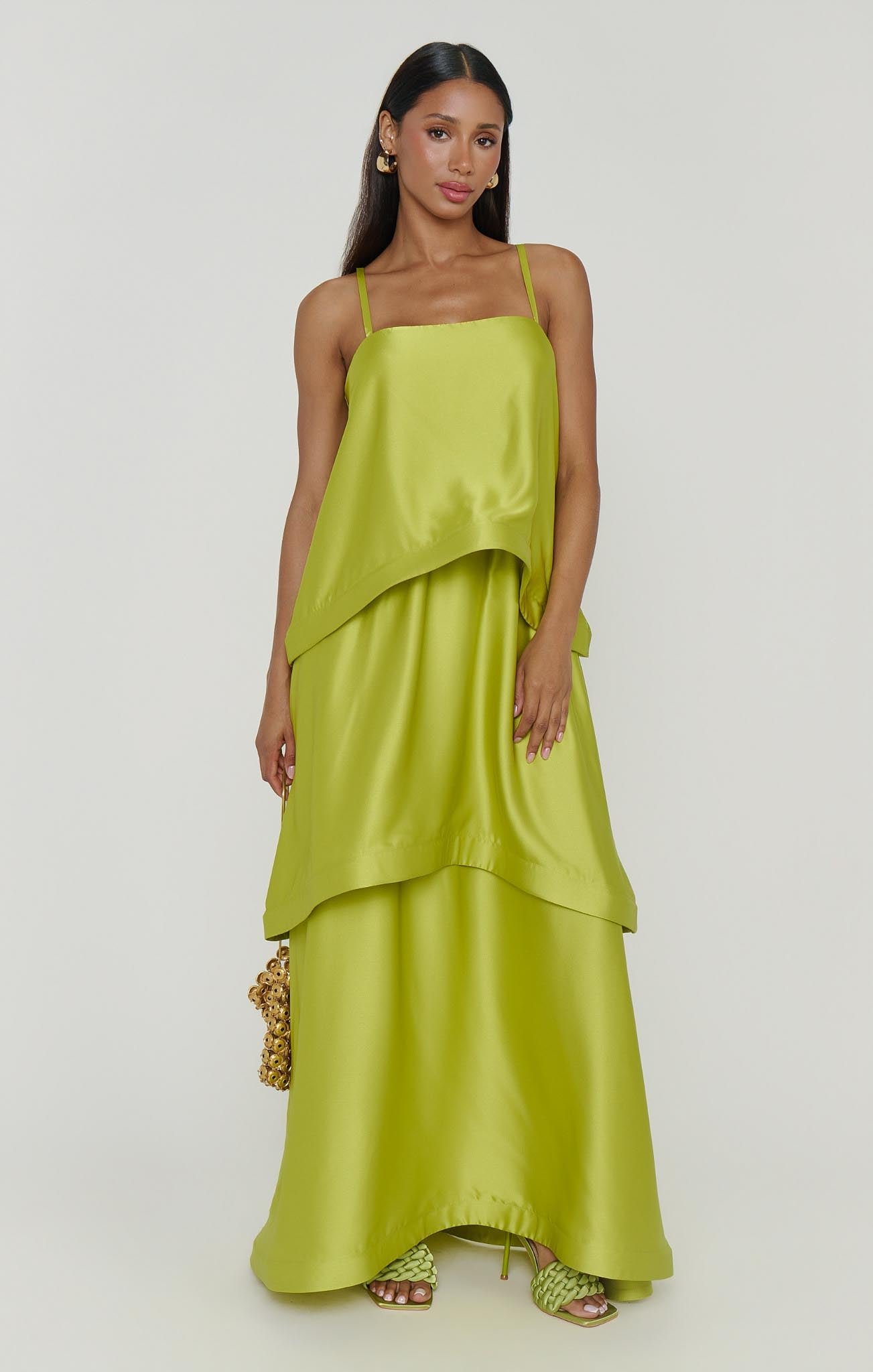 chartreuse satin dress Muse Cowl Neck Open Back Gown- Moda Glam Boutique Invisible zipper in the back Eva Satin Maxi Dress -