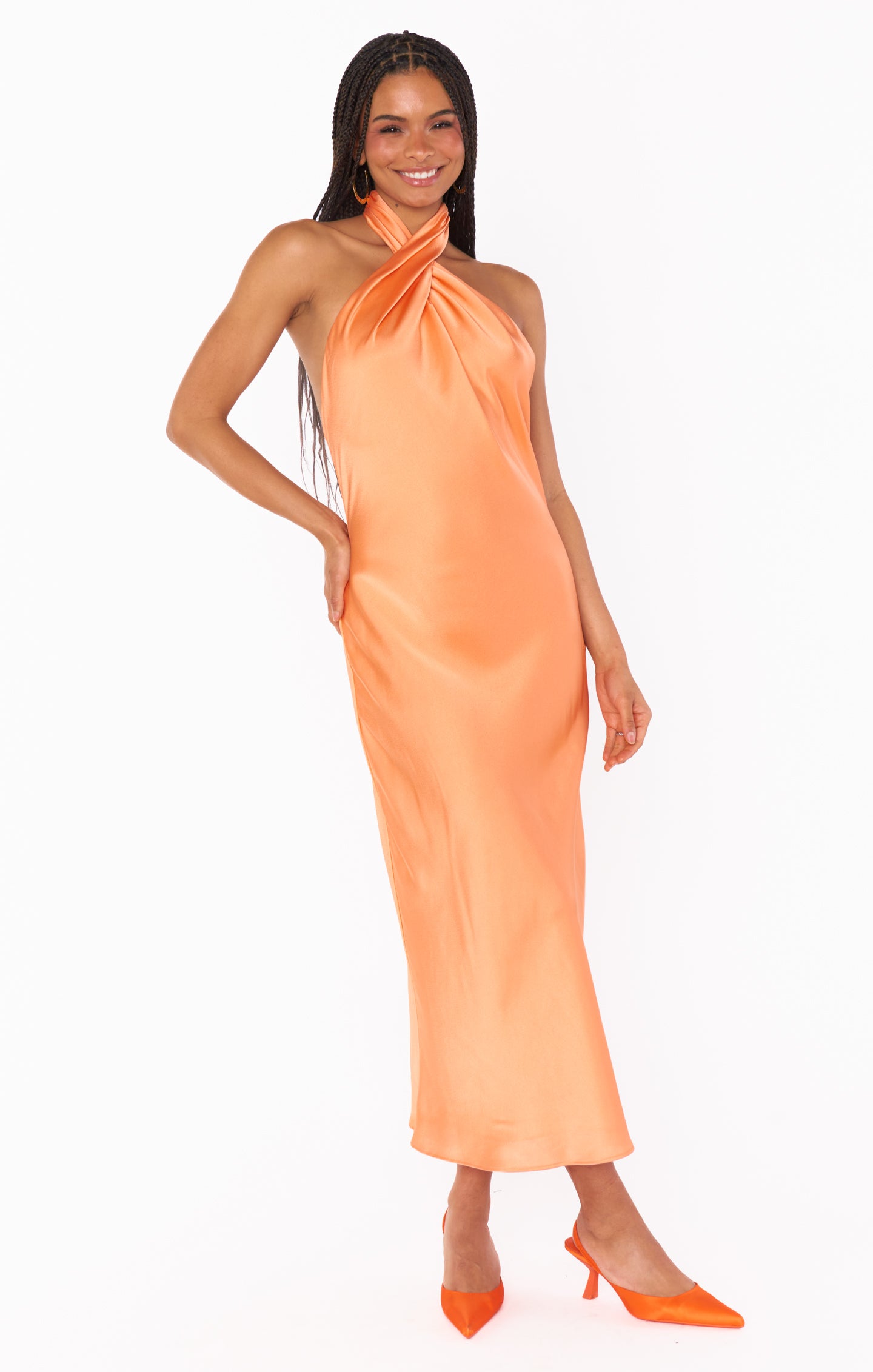 Jasmine Halter Midi Dress ~ Cantaloupe Luxe Satin – Show Me Your Mumu