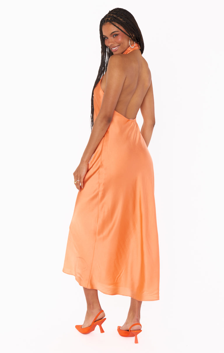 Jasmine Halter Midi Dress ~ Cantaloupe Luxe Satin Show Me Your Mumu Jasmine Halter Midi Dress ~ Cantaloupe Luxe Satin Show Me Your Mumu