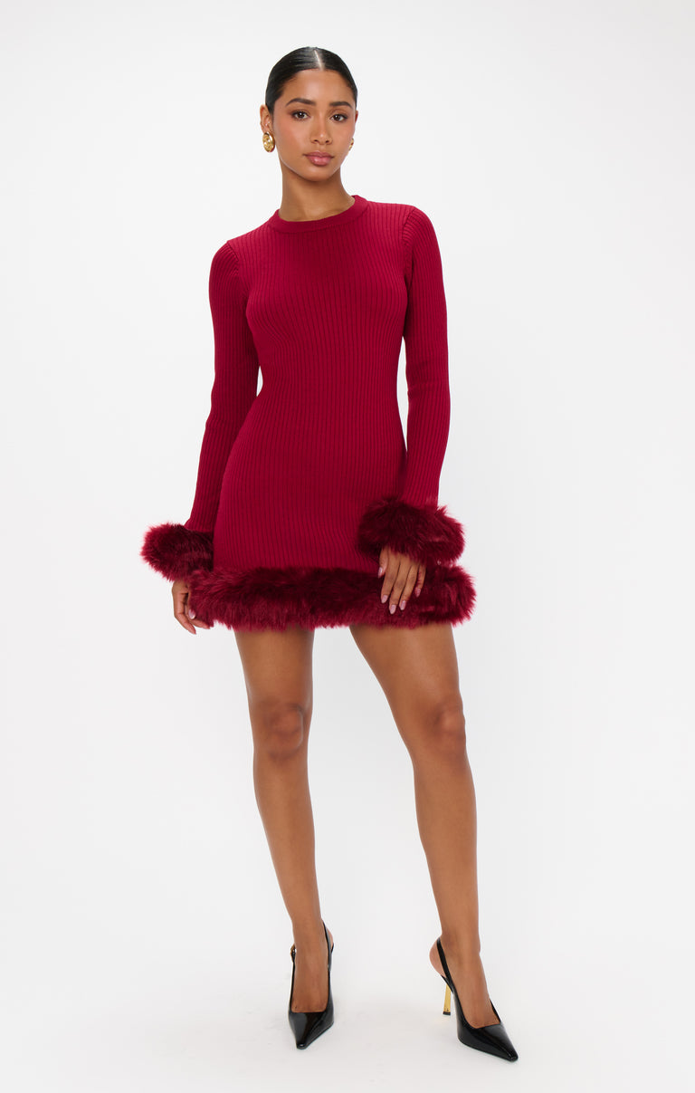 Fran Mini Dress ~ Cranberry Rib with Faux Fur – Show Me Your Mumu