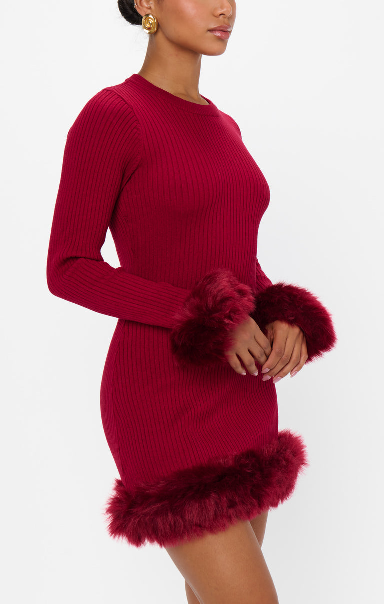 Fran Mini Dress ~ Cranberry Rib with Faux Fur – Show Me Your Mumu