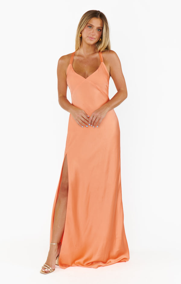 Anderson Maxi Dress ~ Cantaloupe Luxe Satin – Show Me Your Mumu