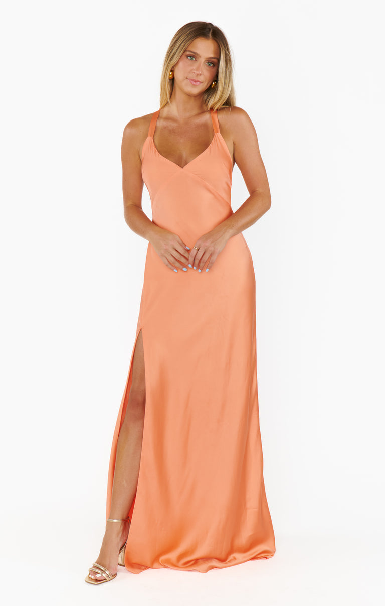 Anderson Maxi Dress ~ Cantaloupe Luxe Satin – Show Me Your Mumu
