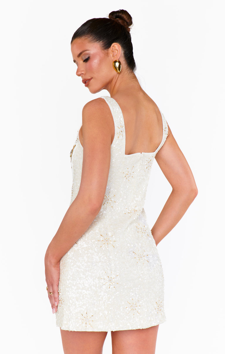 Lets Go Mini Dress ~ White Celestial Sequins