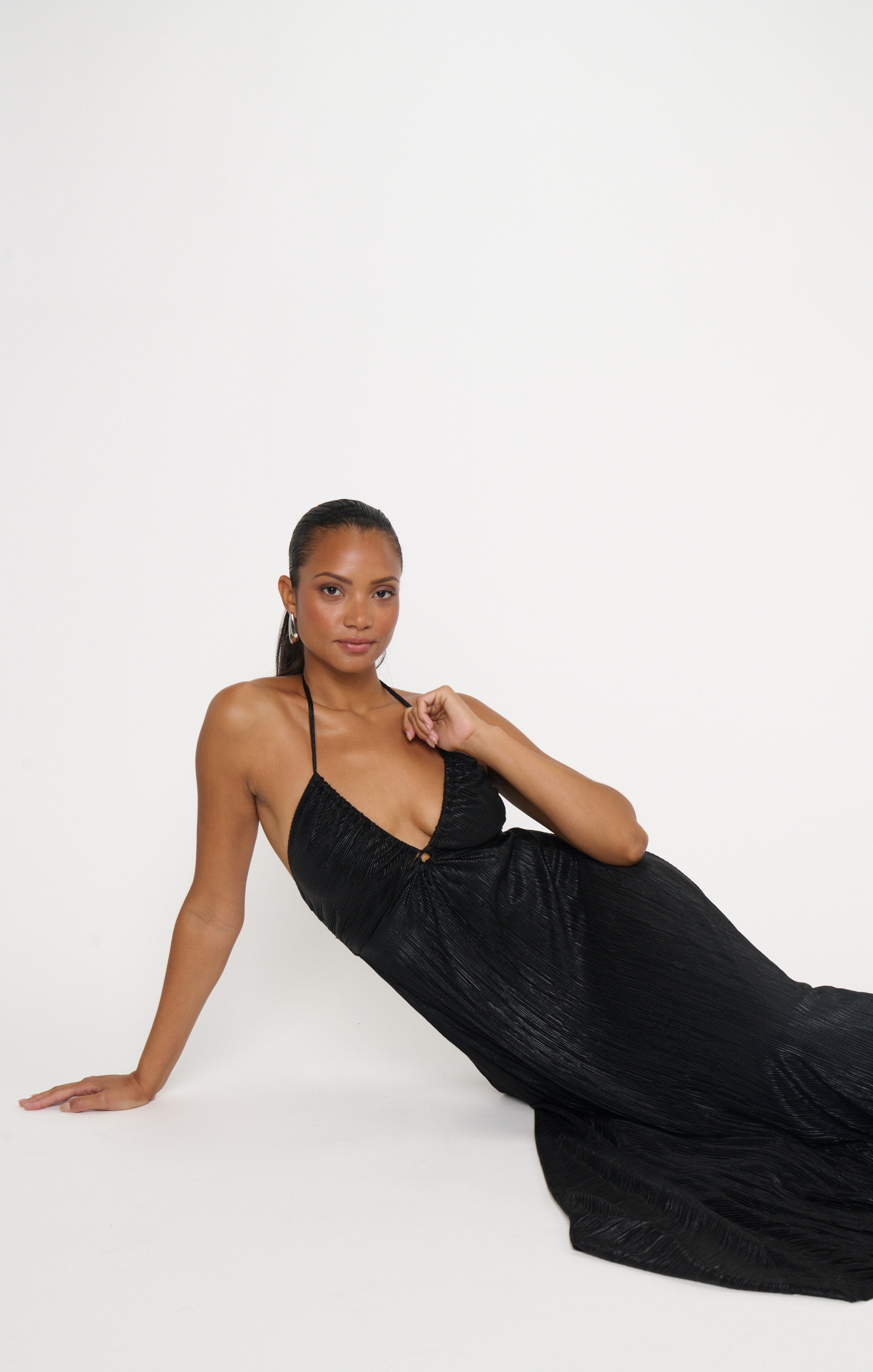 knee length dresses for ladies Paros Maxi Dress, in Pleated Black Gloss | Show Me Your Mumu