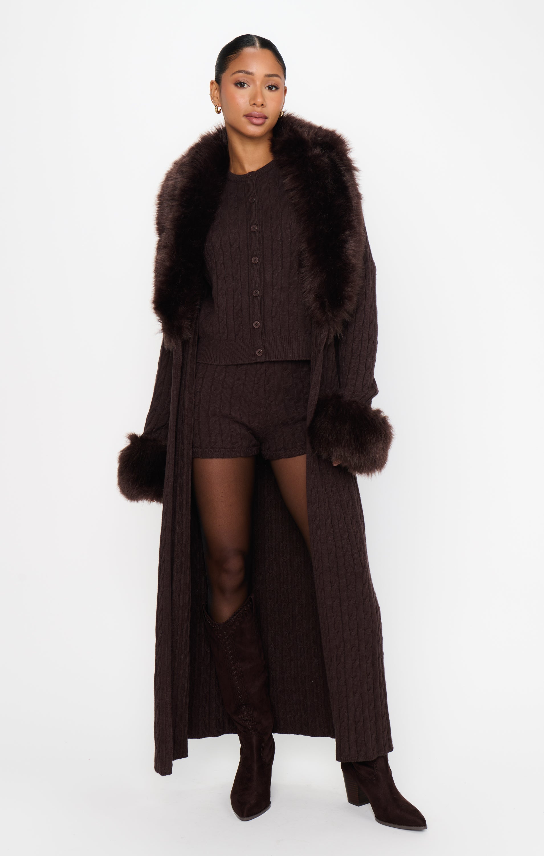 Stormi Cardigan ~ Chocolate Cable Knit with Faux Fur – Show Me