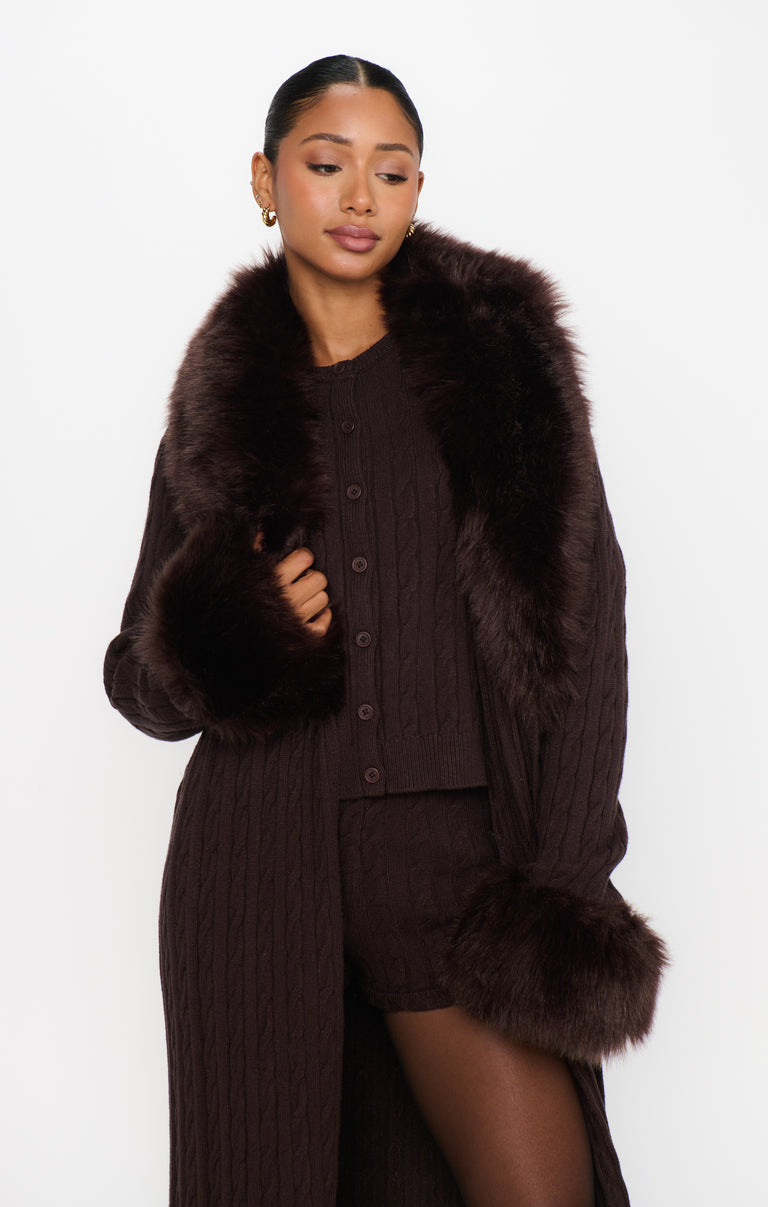 Stormi Cardigan ~ Chocolate Cable Knit with Faux Fur – Show Me