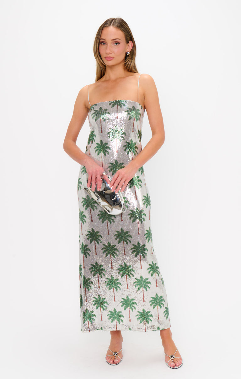 Lizzy Midi Dress, in Disco Palm Sequins