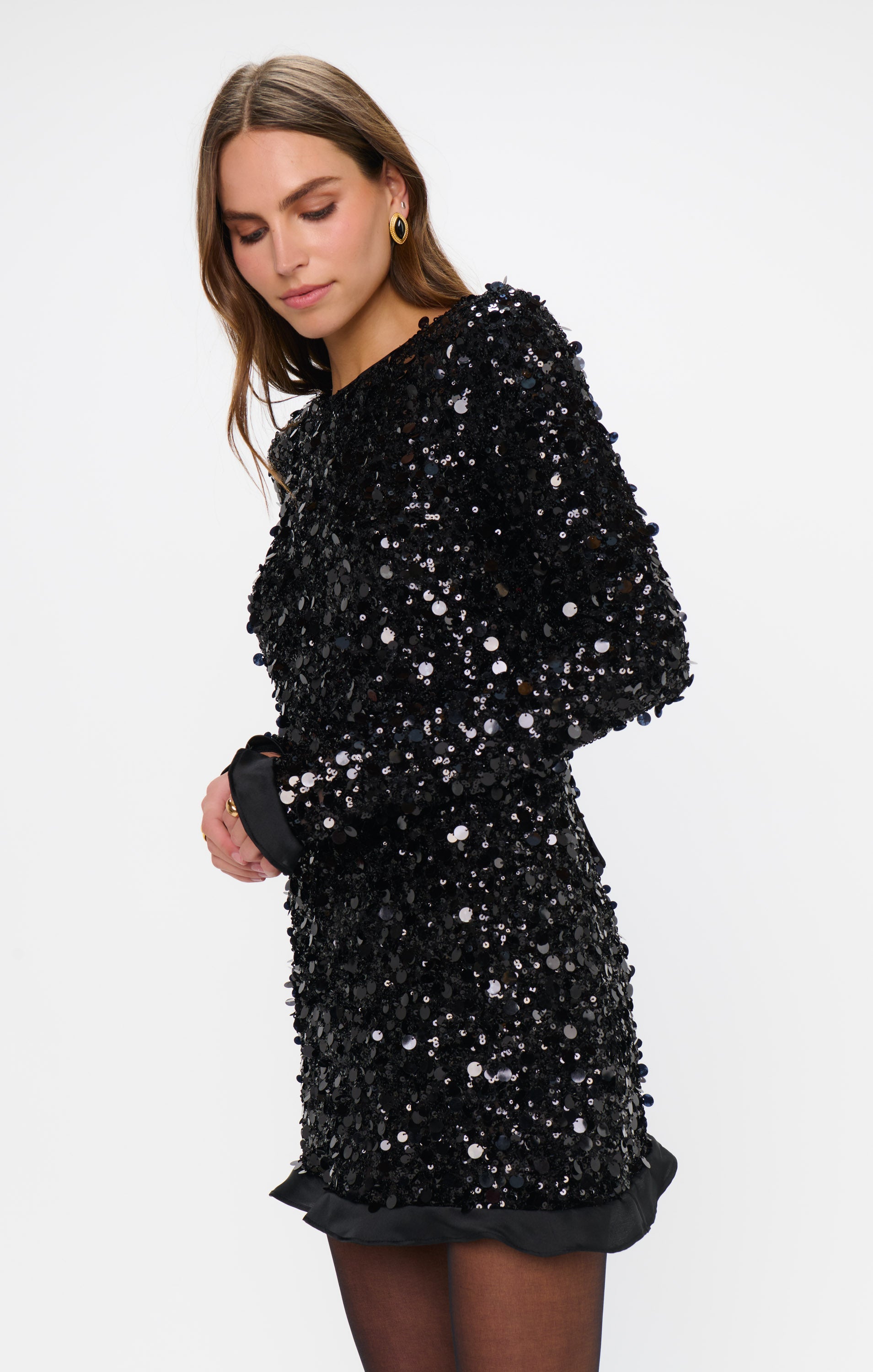show me your mumu maddison mini dress Maddison Ruffle Dress, in Black Metallic Sequins